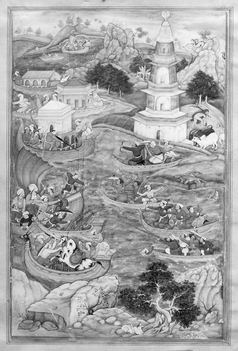 "Alexander Fights a Sea Battle", Folio from a Khamsa (Quintet) of Amir Khusrau Dihlavi, Amir Khusrau Dihlavi (Indian, Patiyali, 1253–1325 Delhi), Main support: Ink, opaque watercolor, gold on paper
Margins: Gold on dyed paper