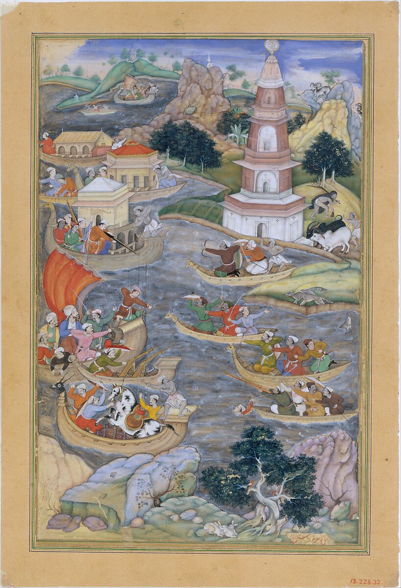 "Alexander Fights a Sea Battle", Folio from a Khamsa (Quintet) of Amir Khusrau Dihlavi, Amir Khusrau Dihlavi (Indian, Patiyali, 1253–1325 Delhi), Main support: Ink, opaque watercolor, gold on paper
Margins: Gold on dyed paper