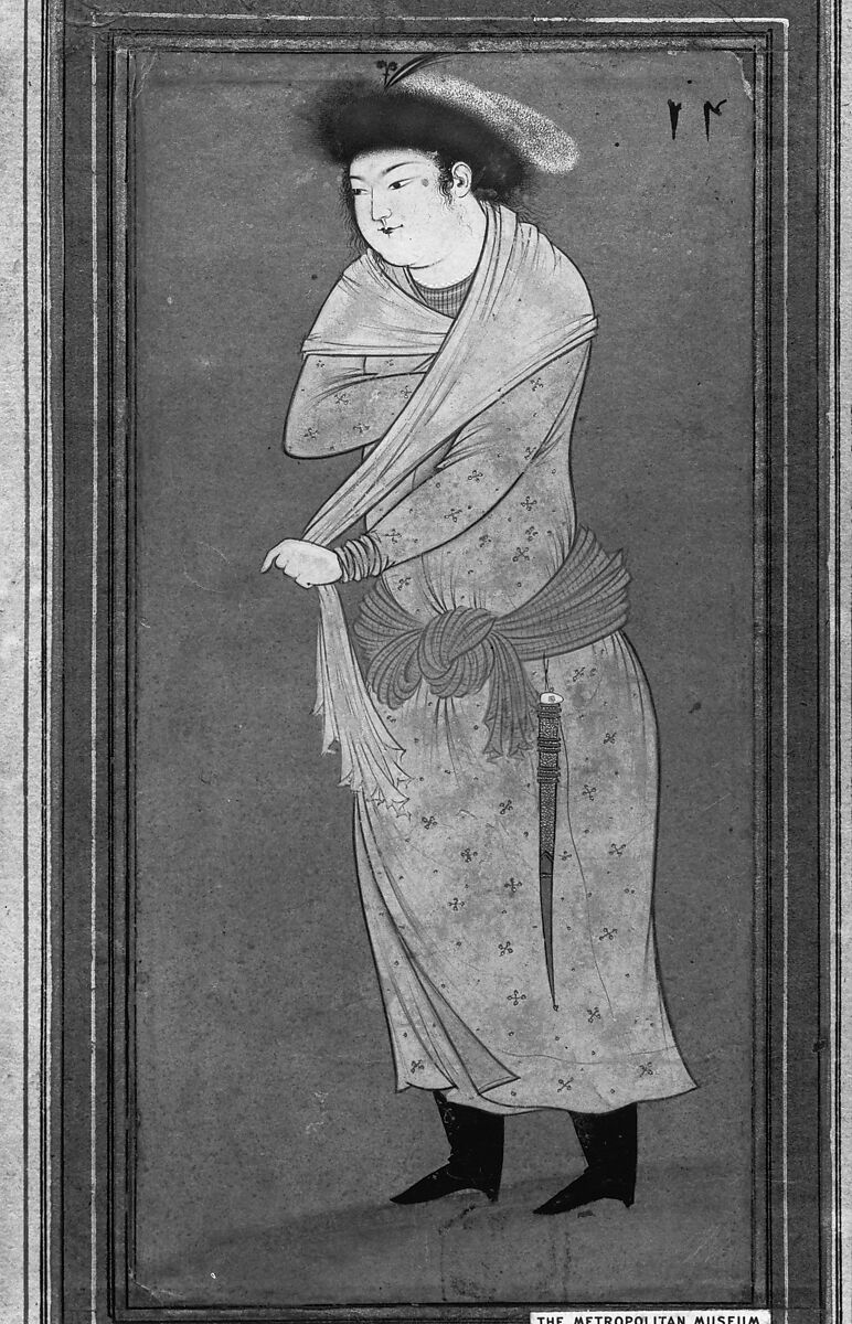 Portrait of a Man, Attributed to Riza-yi 'Abbasi (Iranian, ca. 1565–d. 1635), Ink, opaque watercolor, and gold on paper