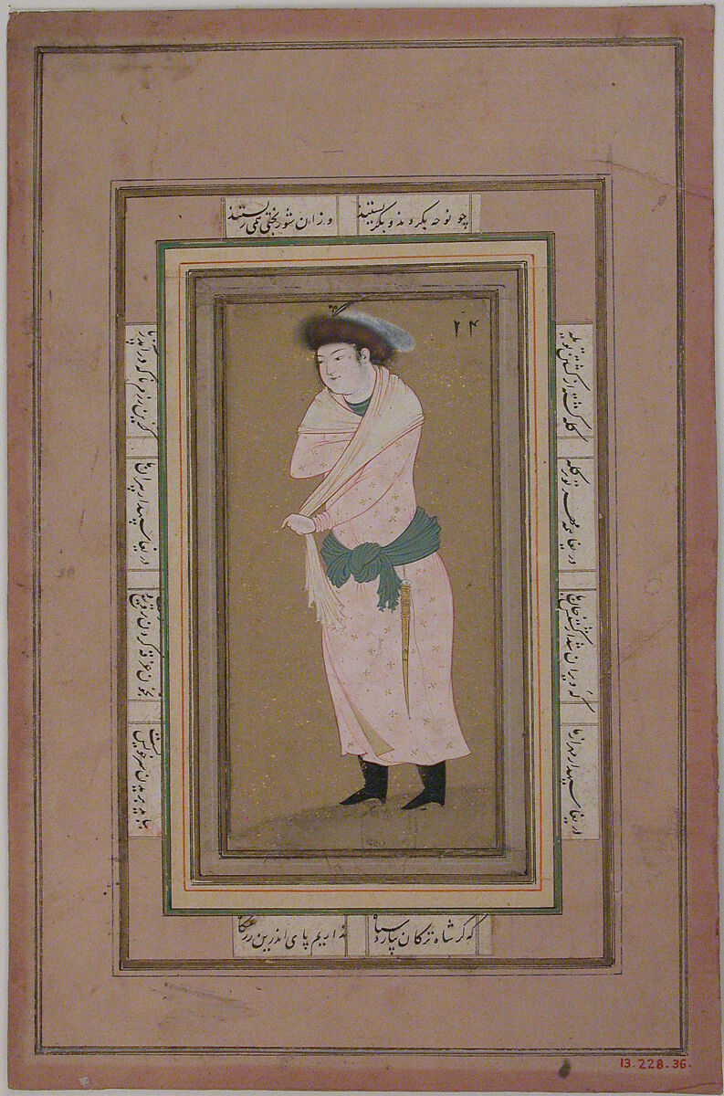 Portrait of a Man, Attributed to Riza-yi 'Abbasi (Iranian, ca. 1565–d. 1635), Ink, opaque watercolor, and gold on paper