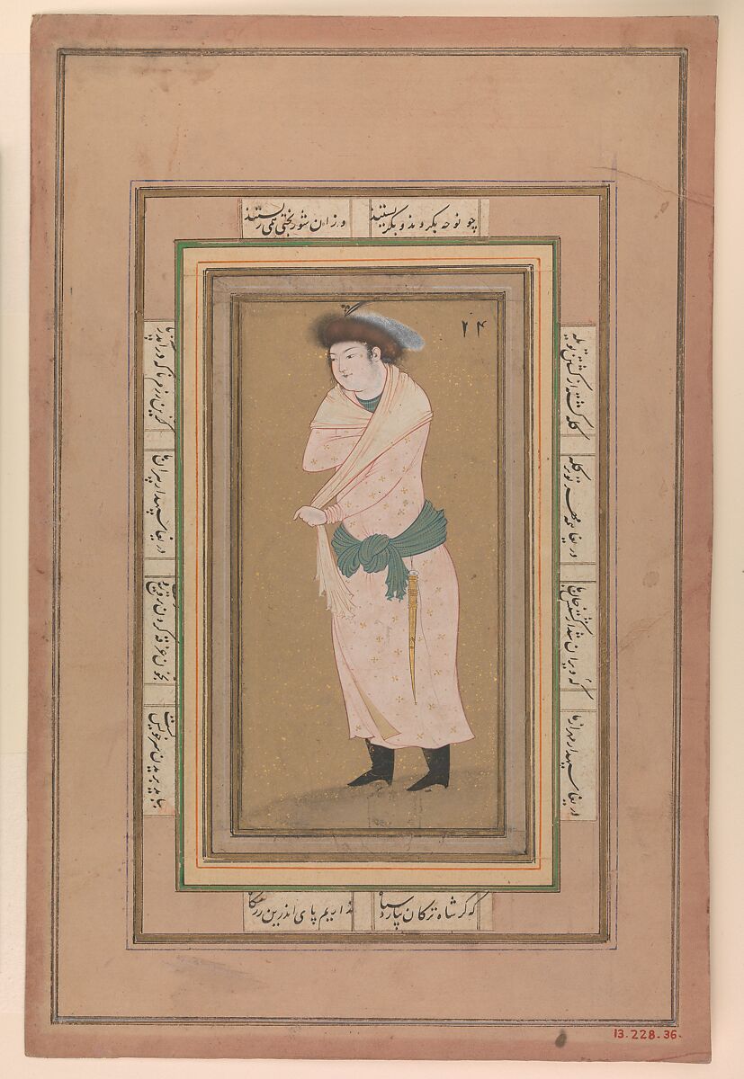 Portrait of a Man, Attributed to Riza-yi &#39;Abbasi (Iranian, ca. 1565–d. 1635), Ink, opaque watercolor, and gold on paper 