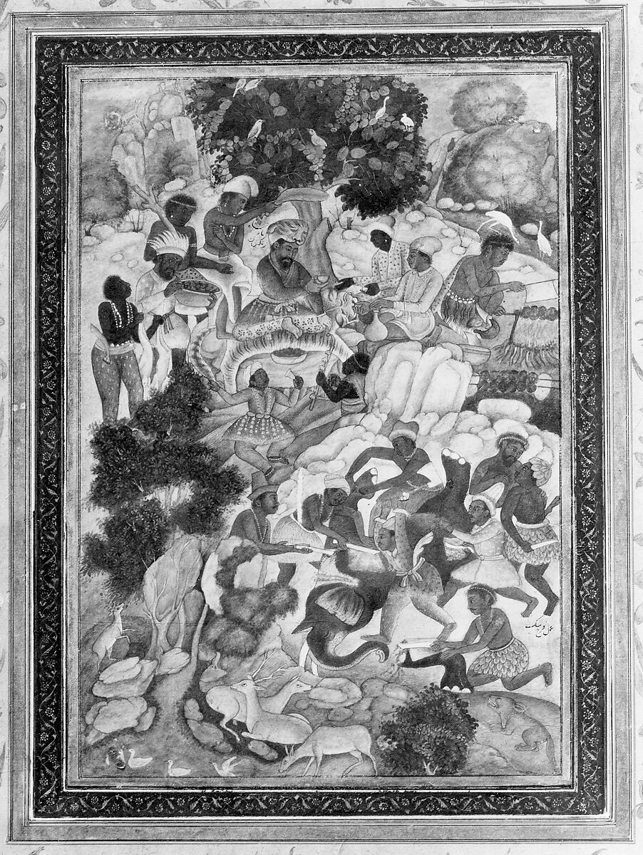 Servants Cutting up an Elephant in the Presence of their Ruler, Opaque watercolor and gold on paper