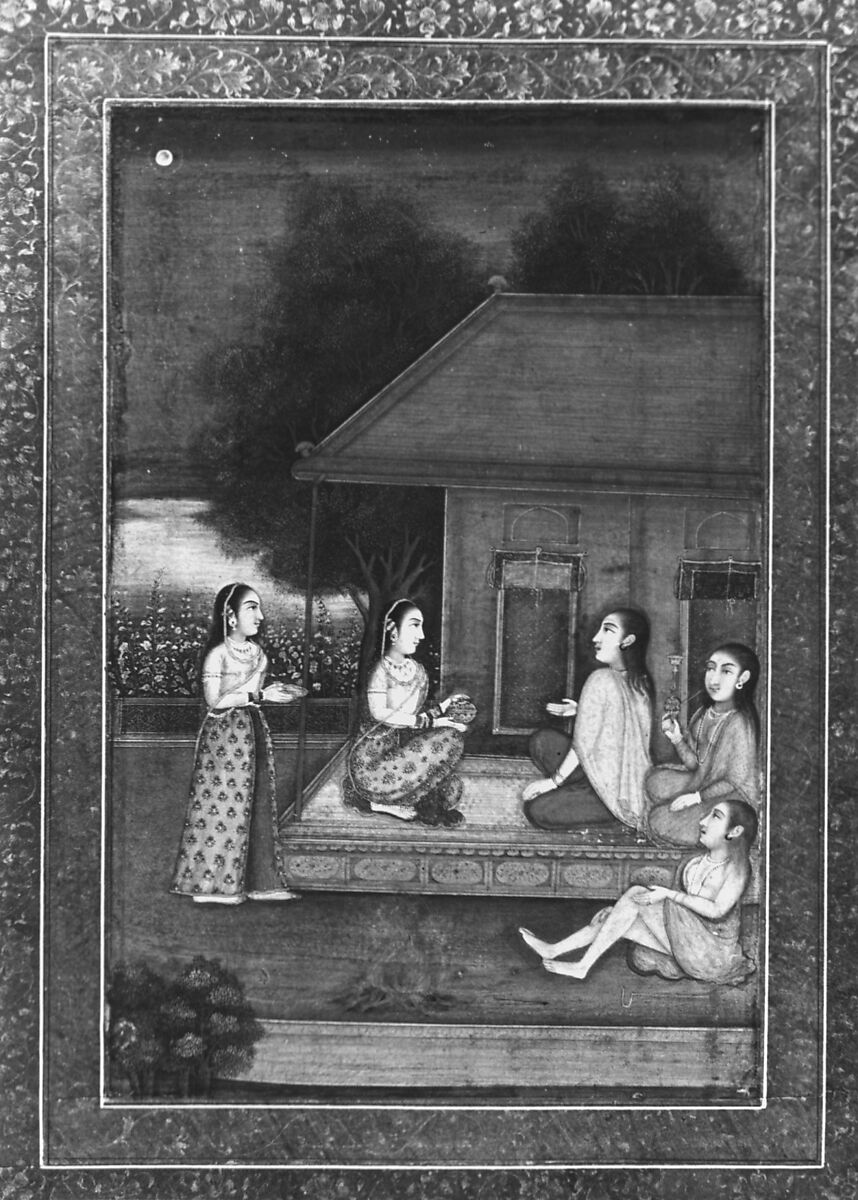 Women Conversing, Ink, opaque watercolor, and gold on paper