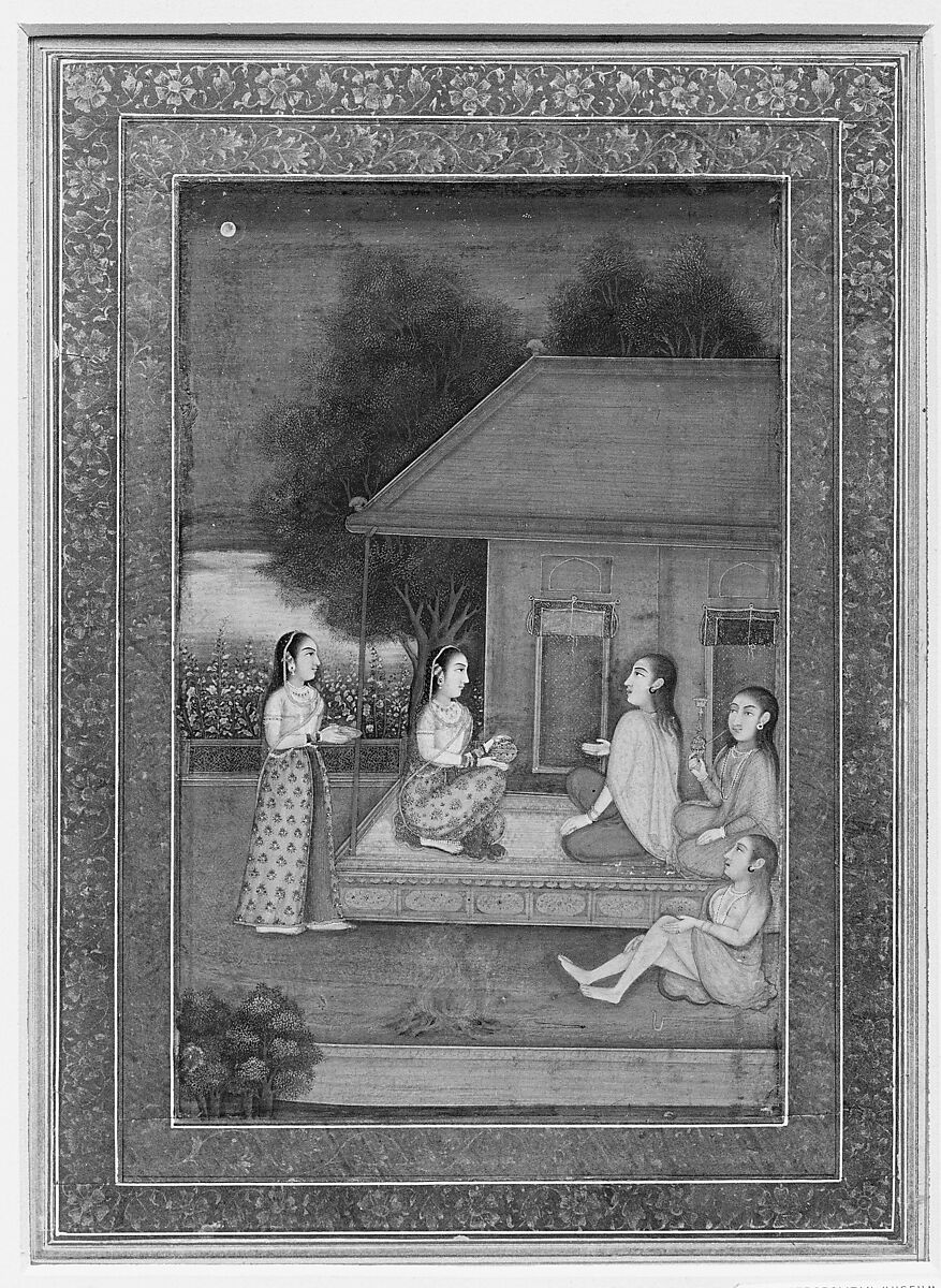 Women Conversing, Ink, opaque watercolor, and gold on paper