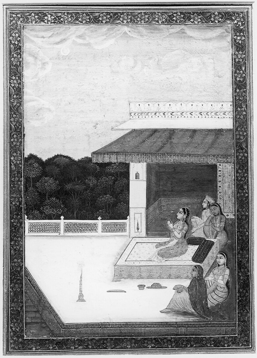 Women Enjoying the Moonlight, Opaque watercolor, gold, and ink on paper