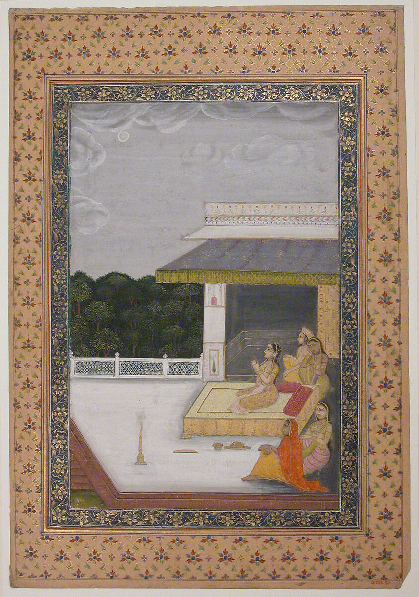 Women Enjoying the Moonlight, Opaque watercolor, gold, and ink on paper