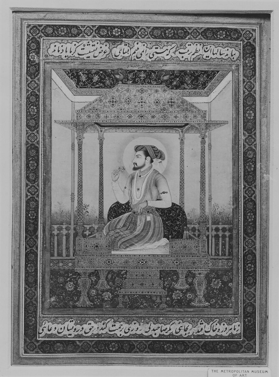 Portrait of Shah Jahan on the Peacock Throne, Ink, opaque watercolor, and gold on paper