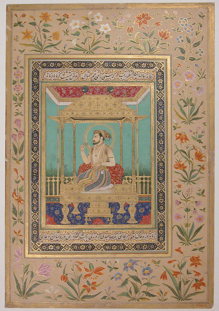 Portrait of Shah Jahan on the Peacock Throne, Ink, opaque watercolor, and gold on paper