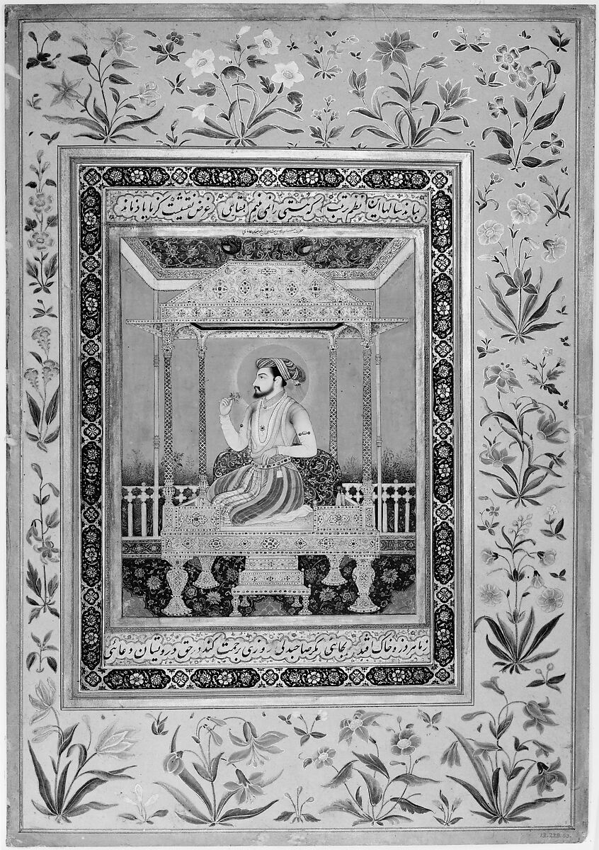 Portrait of Shah Jahan on the Peacock Throne, Ink, opaque watercolor, and gold on paper