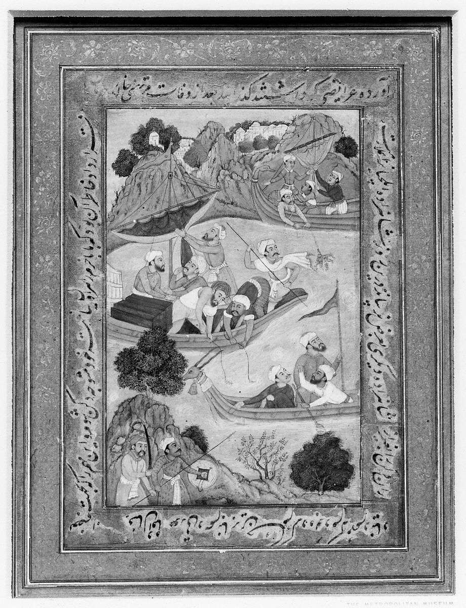 Men Fishing from Boats, Ink, opaque watercolor, and gold on paper