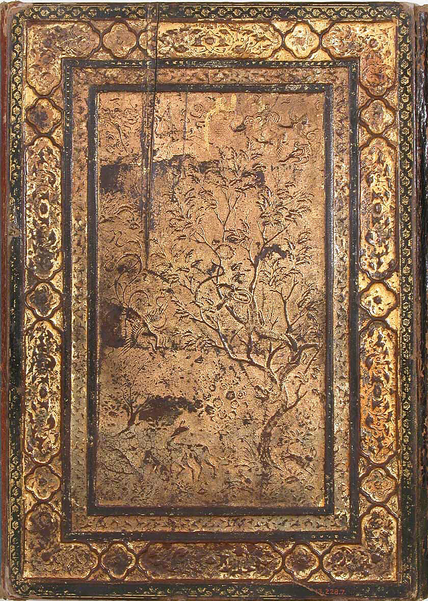 Overflap and Inside Cover of a Khamsa (Quintet) of Nizami of Ganja, Nizami (present-day Azerbaijan, Ganja 1141–1209 Ganja), Binding: leather; embossed, gold, and color Manuscript: ink, opaque watercolor, and gold on paper