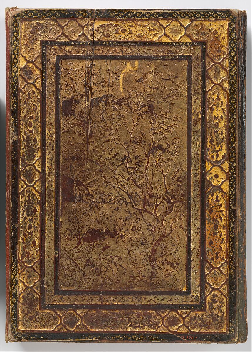 Overflap and Inside Cover of a Khamsa (Quintet) of Nizami of Ganja, Nizami (present-day Azerbaijan, Ganja 1141–1209 Ganja), Binding: leather; embossed, gold, and color Manuscript: ink, opaque watercolor, and gold on paper