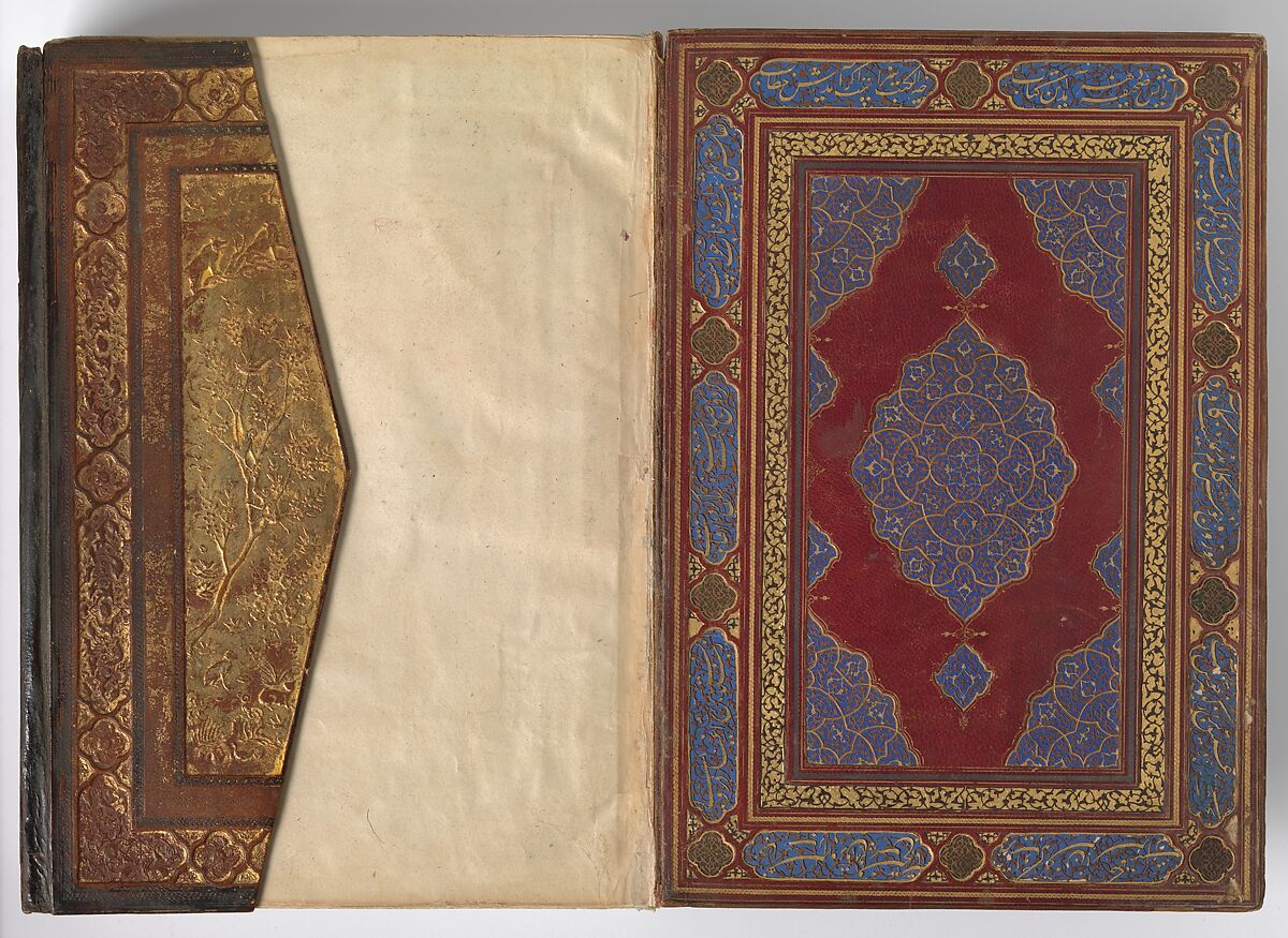 Overflap and Inside Cover of a Khamsa (Quintet) of Nizami of Ganja, Nizami (present-day Azerbaijan, Ganja 1141–1209 Ganja), Binding: leather; embossed, gold, and color Manuscript: ink, opaque watercolor, and gold on paper