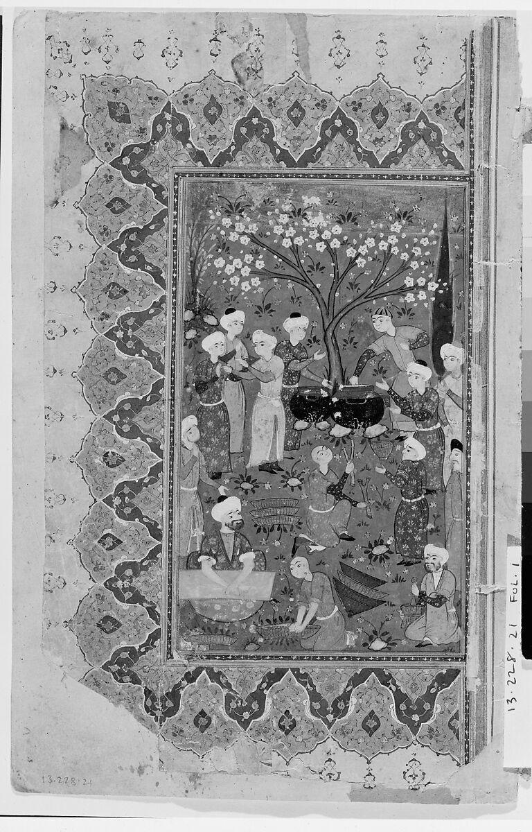 "Preparation For a Noon-Day Meal," Folio from a Divan (Collected Works) of Mir 'Ali Shir Nava'i, Mir 'Ali Shir Nava'i (Herat 1441–1501 Herat), Ink, opaque watercolor, and gold on paper