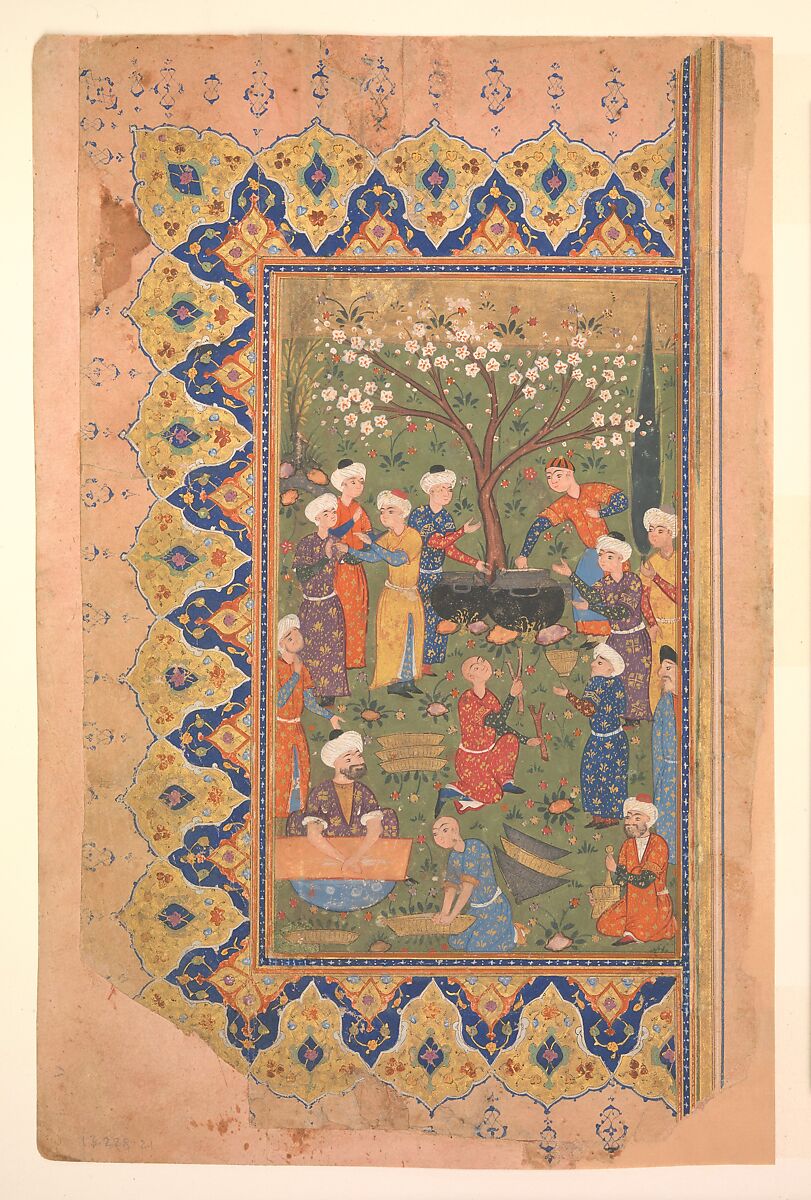"Preparation For a Noon-Day Meal," Folio from a Divan (Collected Works) of Mir 'Ali Shir Nava'i, Mir &#39;Ali Shir Nava&#39;i (Herat 1441–1501 Herat), Ink, opaque watercolor, and gold on paper 