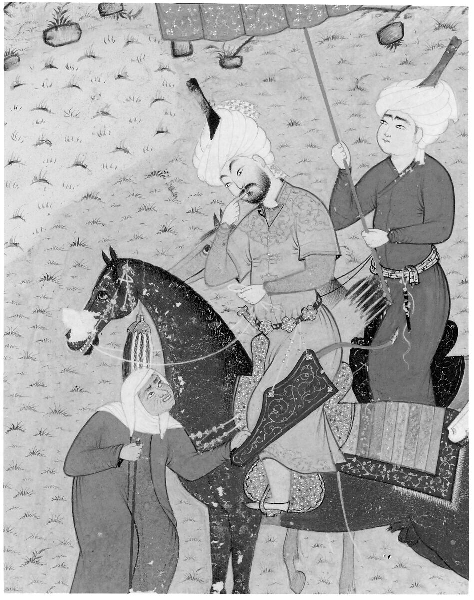 "Sultan Sanjar and the Old Woman", Folio 17 from a Khamsa (Quintet) of Nizami of Ganja, Nizami (present-day Azerbaijan, Ganja 1141–1209 Ganja), Ink, opaque watercolor, and gold on paper