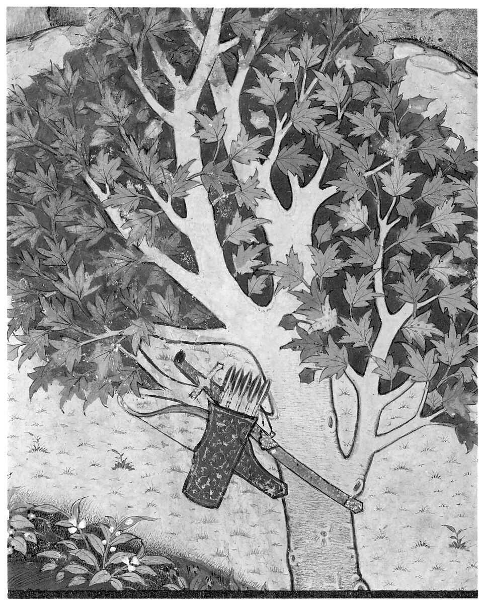 "Khusrau Catches Sight of Shirin Bathing", Folio 50 from a Khamsa (Quintet) of Nizami of Ganja, Nizami (present-day Azerbaijan, Ganja 1141–1209 Ganja), Ink, opaque watercolor, and gold on paper