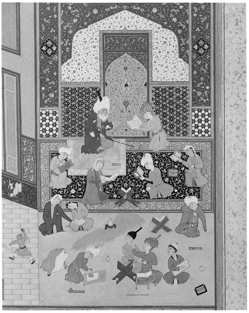 "Laila and Majnun in School", Folio 129 from a Khamsa (Quintet) of Nizami of Ganja, Nizami (present-day Azerbaijan, Ganja 1141–1209 Ganja), Ink, opaque watercolor, and gold on paper