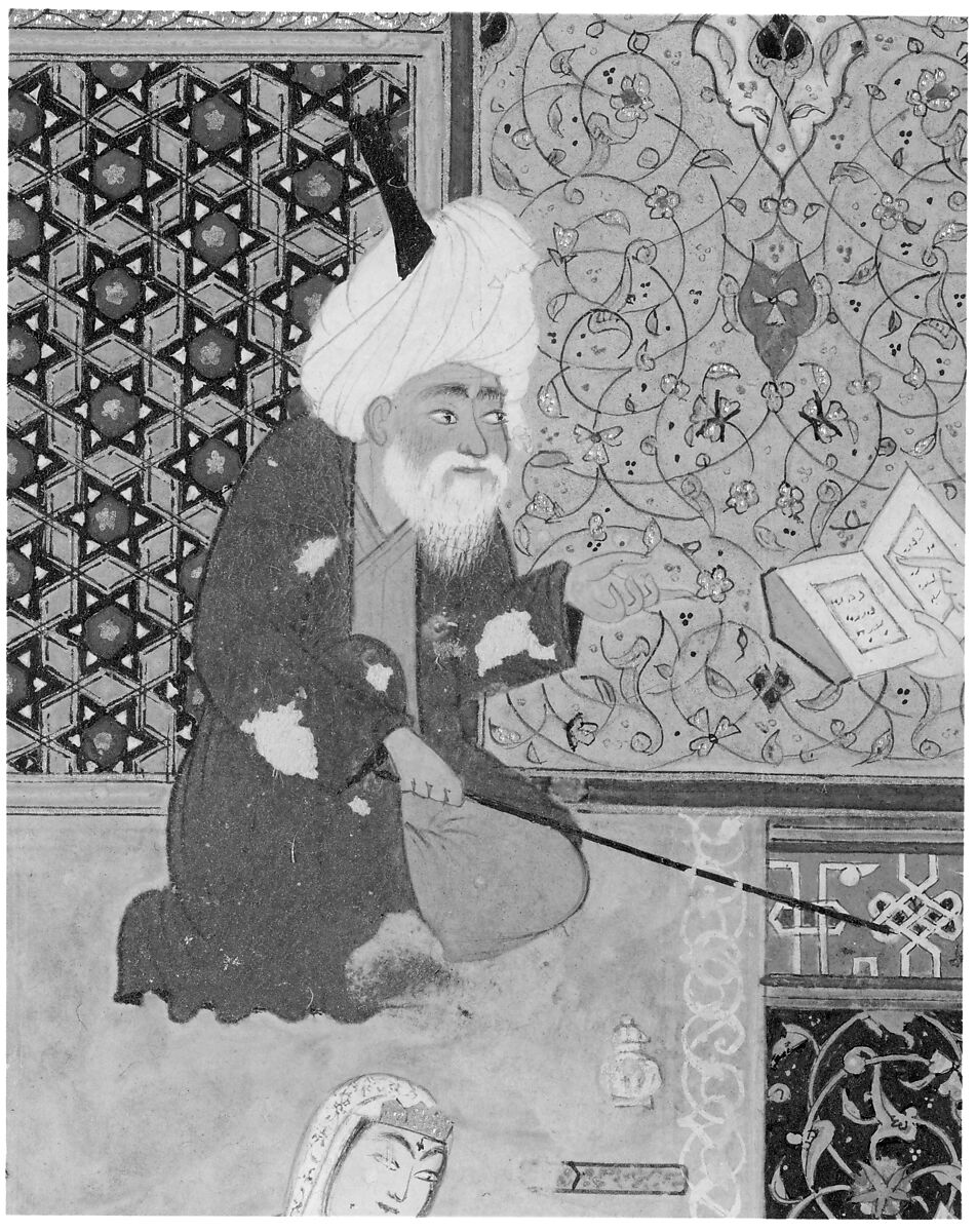 "Laila and Majnun in School", Folio 129 from a Khamsa (Quintet) of Nizami of Ganja, Nizami (present-day Azerbaijan, Ganja 1141–1209 Ganja), Ink, opaque watercolor, and gold on paper