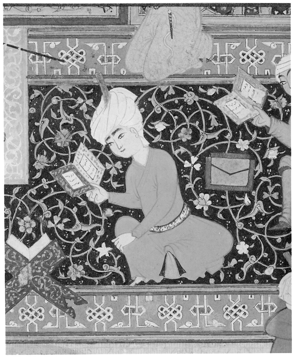 "Laila and Majnun in School", Folio 129 from a Khamsa (Quintet) of Nizami of Ganja, Nizami (present-day Azerbaijan, Ganja 1141–1209 Ganja), Ink, opaque watercolor, and gold on paper