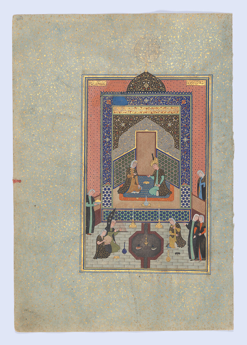 "Bahram Gur in the Dark Palace on Saturday", Folio 207 from a Khamsa (Quintet) of Nizami of Ganja, Nizami (present-day Azerbaijan, Ganja 1141–1209 Ganja), Ink, opaque watercolor, silver, and gold on paper 