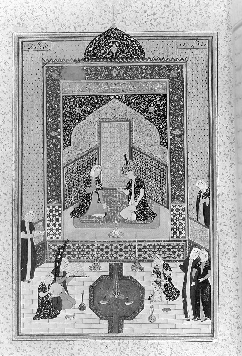 "Bahram Gur in the Dark Palace on Saturday", Folio 207 from a Khamsa (Quintet) of Nizami of Ganja, Nizami (present-day Azerbaijan, Ganja 1141–1209 Ganja), Ink, opaque watercolor, silver, and gold on paper