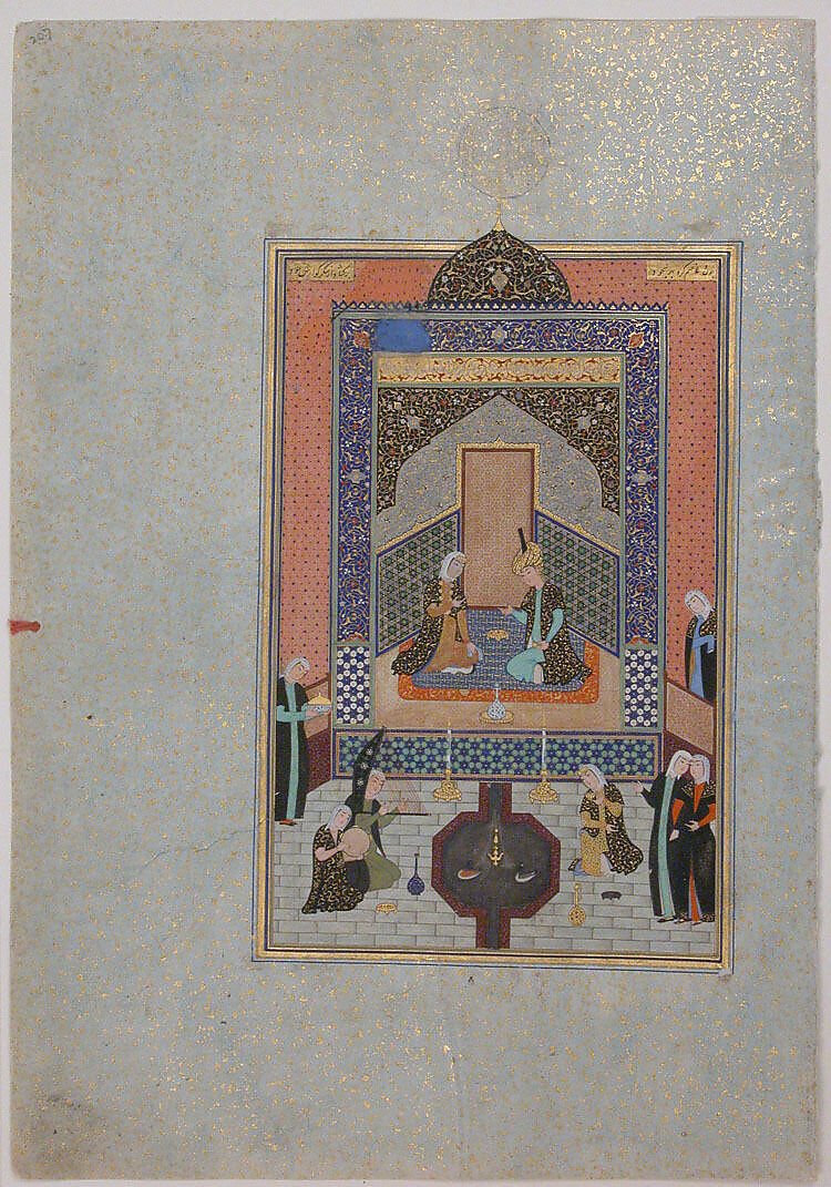 "Bahram Gur in the Dark Palace on Saturday", Folio 207 from a Khamsa (Quintet) of Nizami of Ganja, Nizami (present-day Azerbaijan, Ganja 1141–1209 Ganja), Ink, opaque watercolor, silver, and gold on paper
