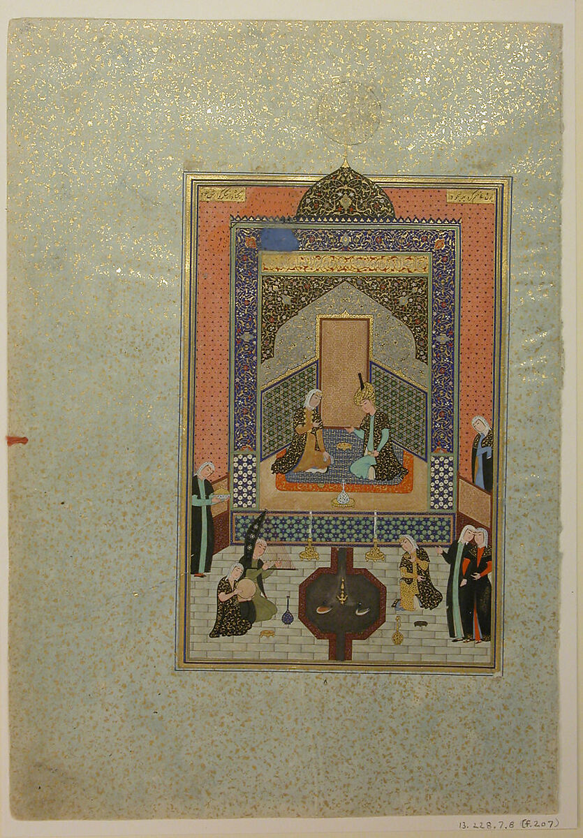 "Bahram Gur in the Dark Palace on Saturday", Folio 207 from a Khamsa (Quintet) of Nizami of Ganja, Nizami (present-day Azerbaijan, Ganja 1141–1209 Ganja), Ink, opaque watercolor, silver, and gold on paper
