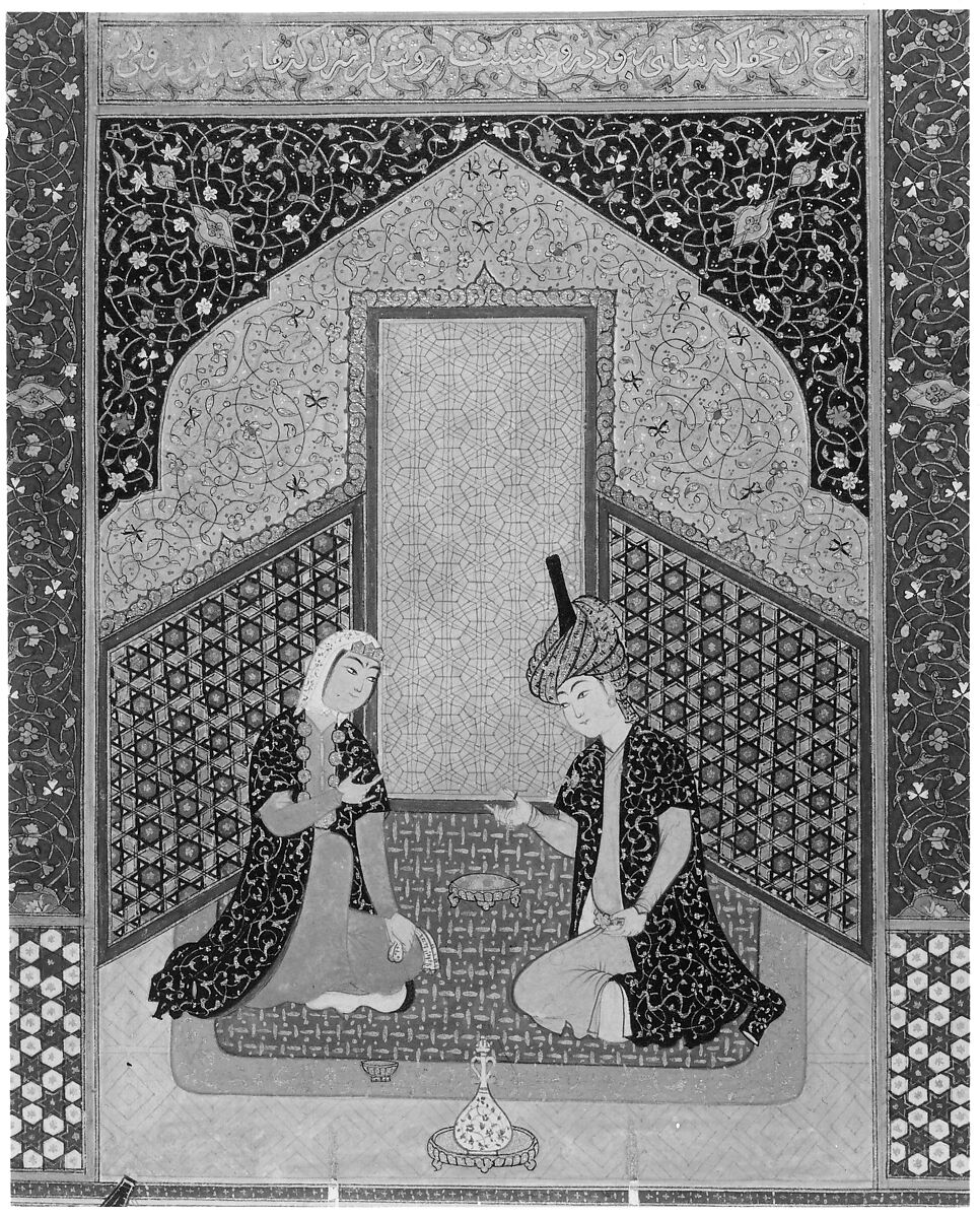 "Bahram Gur in the Dark Palace on Saturday", Folio 207 from a Khamsa (Quintet) of Nizami of Ganja, Nizami (present-day Azerbaijan, Ganja 1141–1209 Ganja), Ink, opaque watercolor, silver, and gold on paper