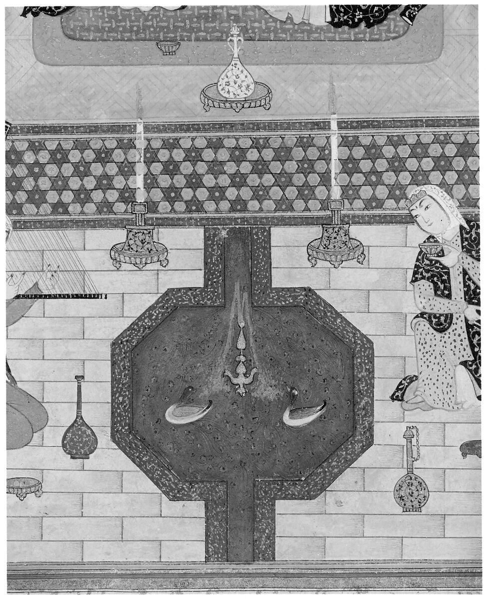 "Bahram Gur in the Dark Palace on Saturday", Folio 207 from a Khamsa (Quintet) of Nizami of Ganja, Nizami (present-day Azerbaijan, Ganja 1141–1209 Ganja), Ink, opaque watercolor, silver, and gold on paper