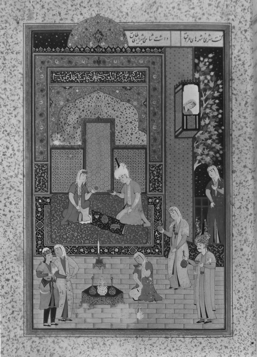 "Bahram Gur in the Yellow Palace on Sunday", Folio 213 from a Khamsa (Quintet) of Nizami of Ganja, Nizami (present-day Azerbaijan, Ganja 1141–1209 Ganja), Ink, opaque watercolor, silver, and gold on paper