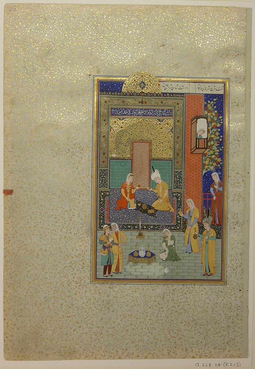 "Bahram Gur in the Yellow Palace on Sunday", Folio 213 from a Khamsa (Quintet) of Nizami of Ganja, Nizami (present-day Azerbaijan, Ganja 1141–1209 Ganja), Ink, opaque watercolor, silver, and gold on paper