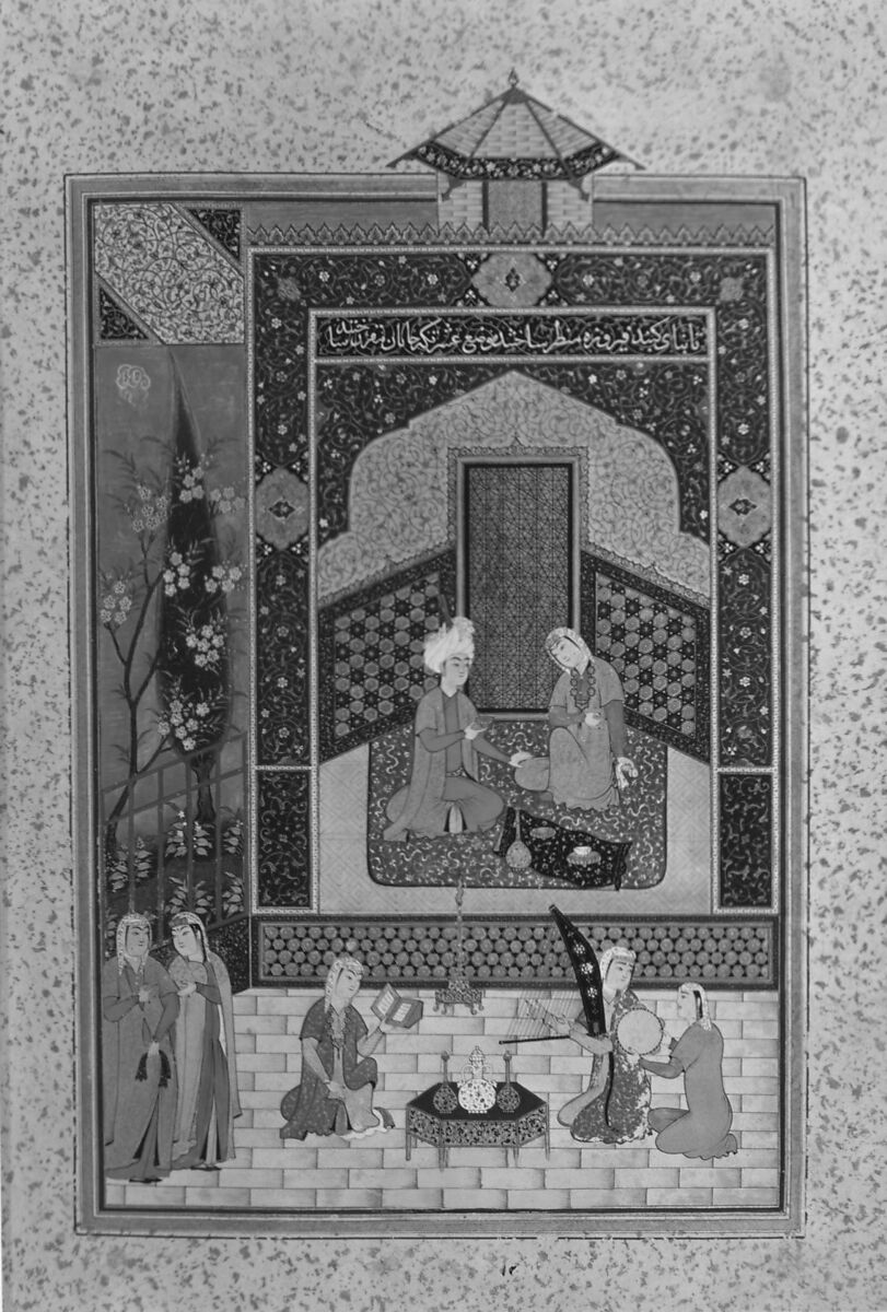 "Bahram Gur in the Turquoise Palace on Wednesday", Folio 216 from a Khamsa (Quintet) of Nizami of Ganja, Nizami (present-day Azerbaijan, Ganja 1141–1209 Ganja), Ink, opaque watercolor, silver, and gold on paper