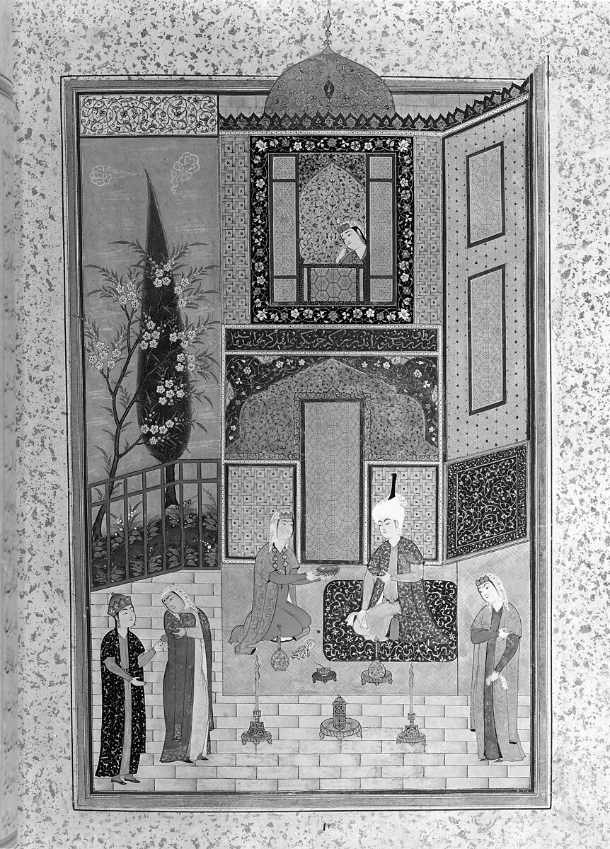 "Bahram Gur in the Turquoise Palace on Wednesday", Folio 216 from a Khamsa (Quintet) of Nizami of Ganja, Nizami (present-day Azerbaijan, Ganja 1141–1209 Ganja), Ink, opaque watercolor, silver, and gold on paper