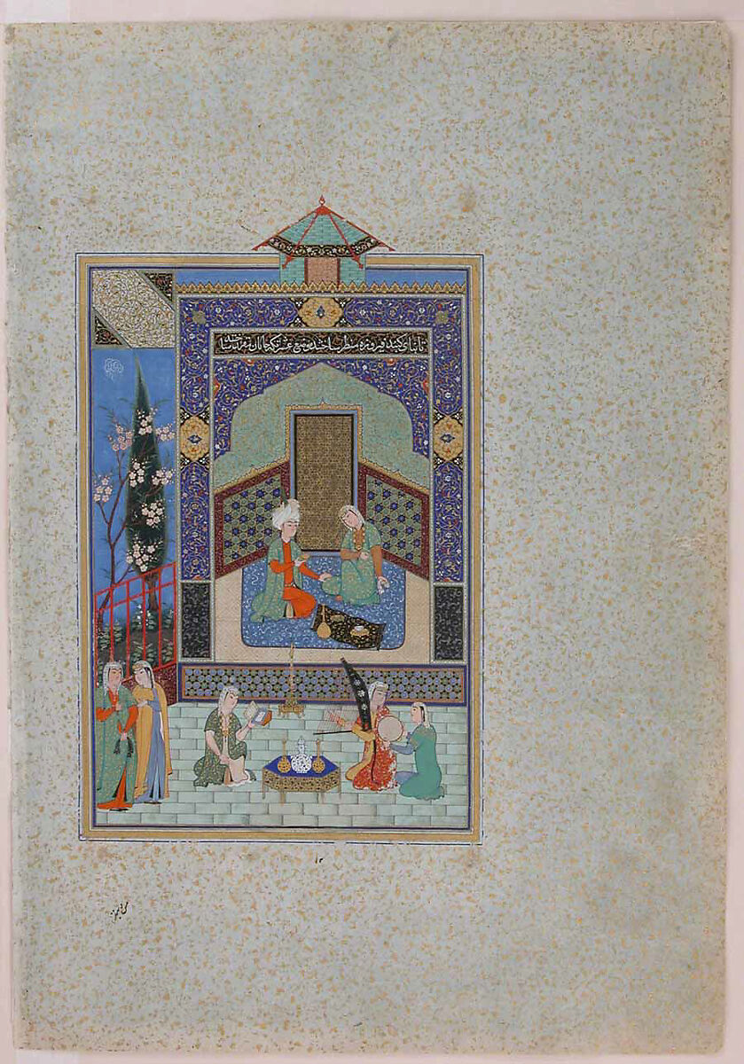 "Bahram Gur in the Turquoise Palace on Wednesday", Folio 216 from a Khamsa (Quintet) of Nizami of Ganja, Nizami (present-day Azerbaijan, Ganja 1141–1209 Ganja), Ink, opaque watercolor, silver, and gold on paper