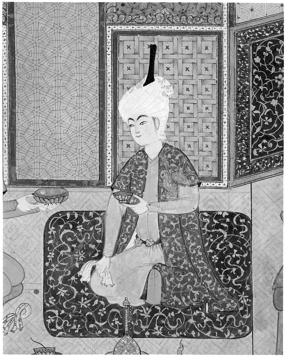 "Bahram Gur in the Turquoise Palace on Wednesday", Folio 216 from a Khamsa (Quintet) of Nizami of Ganja, Nizami (present-day Azerbaijan, Ganja 1141–1209 Ganja), Ink, opaque watercolor, silver, and gold on paper