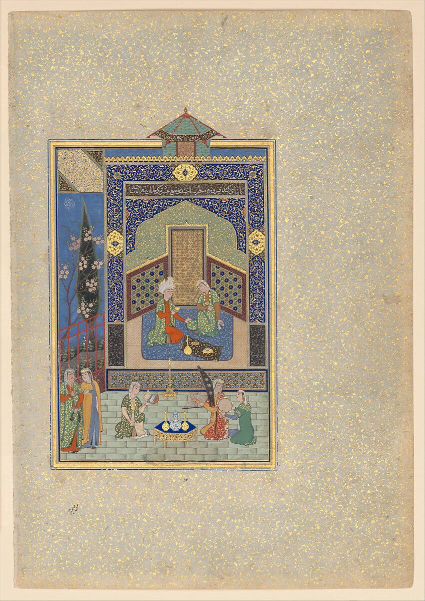 "Bahram Gur in the Turquoise Palace on Wednesday", Folio 216 from a Khamsa (Quintet) of Nizami of Ganja, Nizami, Ink, opaque watercolor, silver, and gold on paper