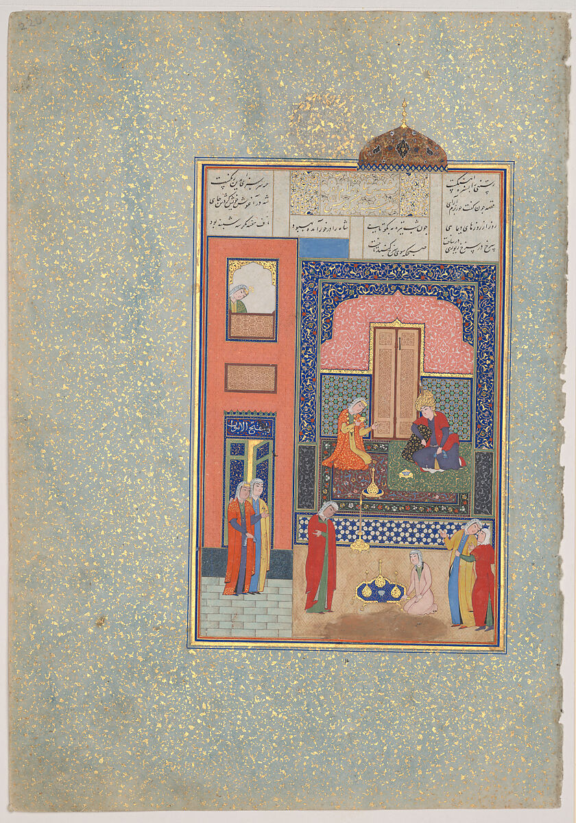 "Bahram Gur in the Red Palace on Tuesday", Folio 220 from a Khamsa (Quintet) of Nizami of Ganja, Nizami, Ink, opaque watercolor, and gold on paper