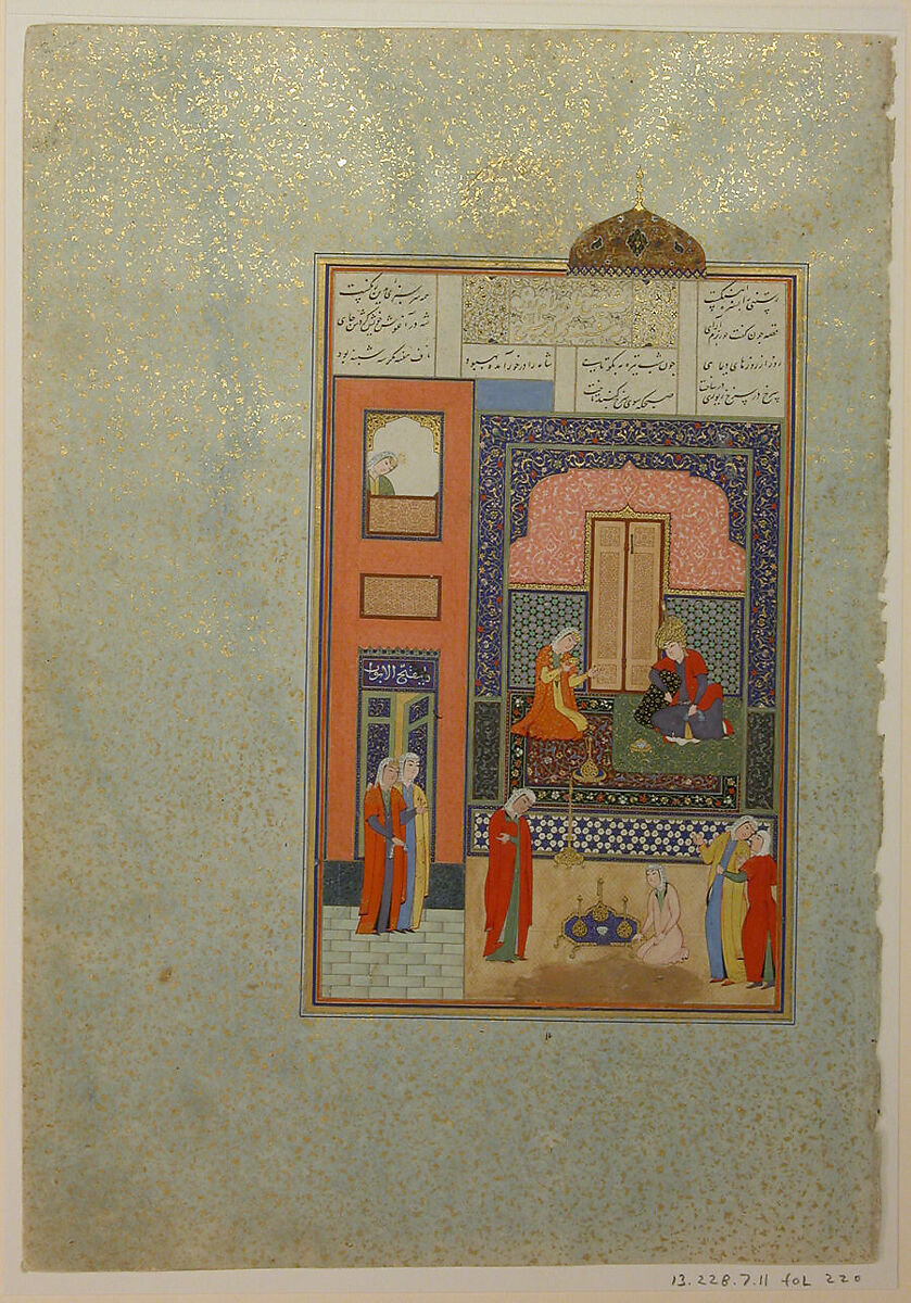 "Bahram Gur in the Red Palace on Tuesday", Folio 220 from a Khamsa (Quintet) of Nizami of Ganja, Nizami (present-day Azerbaijan, Ganja 1141–1209 Ganja), Ink, opaque watercolor, and gold on paper
