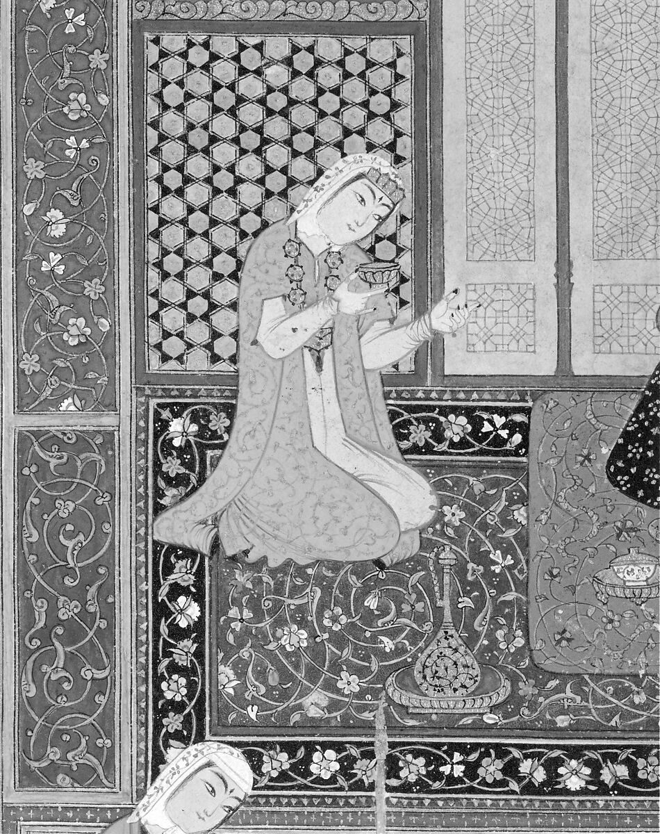 "Bahram Gur in the Red Palace on Tuesday", Folio 220 from a Khamsa (Quintet) of Nizami of Ganja, Nizami (present-day Azerbaijan, Ganja 1141–1209 Ganja), Ink, opaque watercolor, and gold on paper