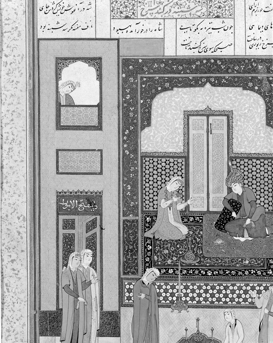 "Bahram Gur in the Red Palace on Tuesday", Folio 220 from a Khamsa (Quintet) of Nizami of Ganja, Nizami (present-day Azerbaijan, Ganja 1141–1209 Ganja), Ink, opaque watercolor, and gold on paper