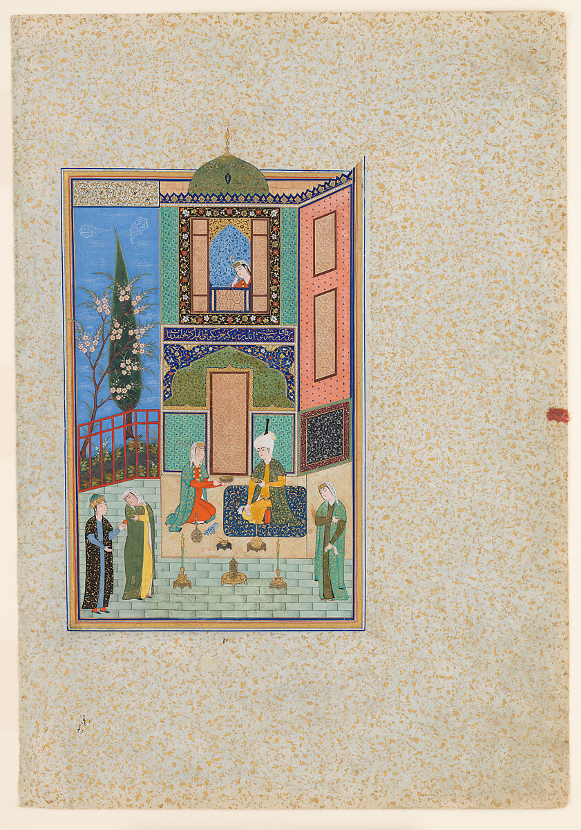 "Bahram Gur in the Green Palace on Monday", Folio 224 from a Khamsa (Quintet) of Nizami of Ganja, Nizami (present-day Azerbaijan, Ganja 1141–1209 Ganja), Ink, opaque watercolor, silver, and gold on paper