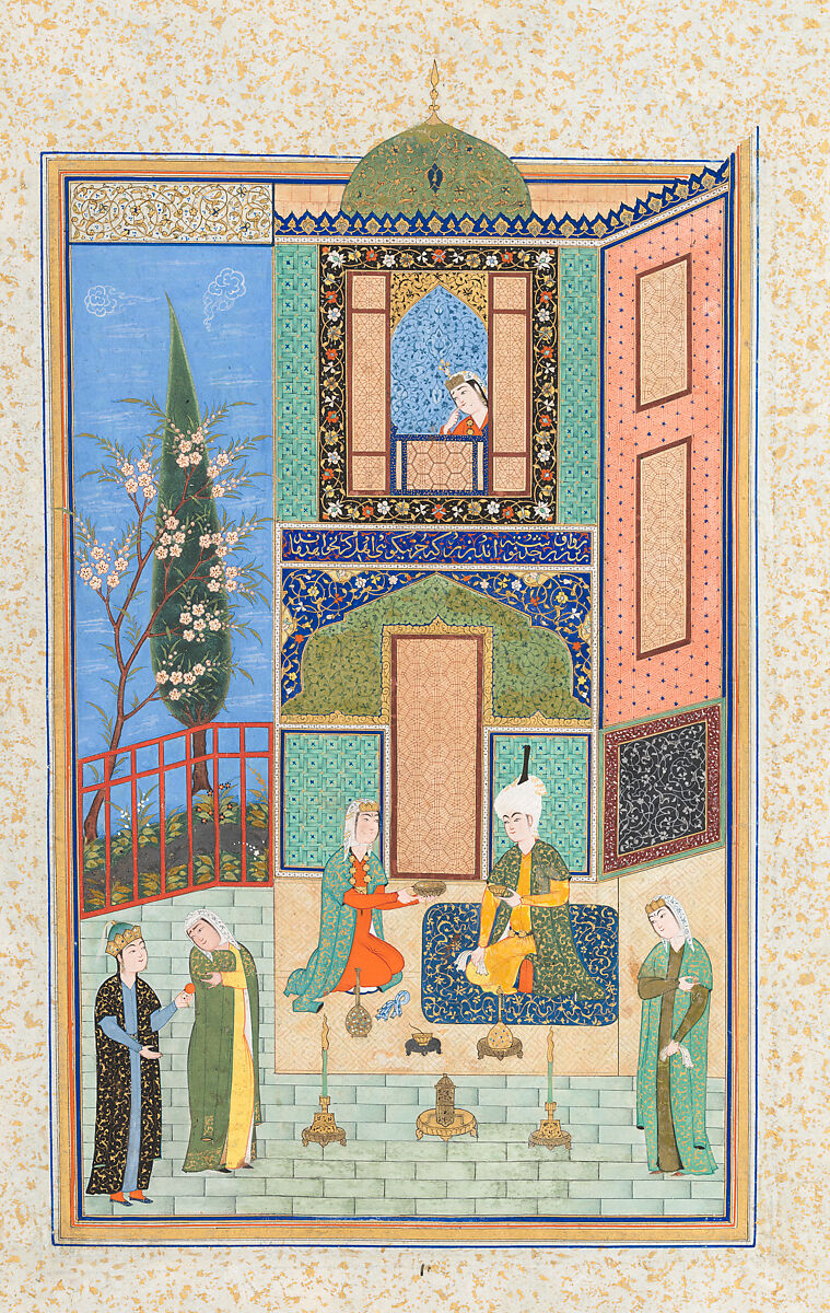 "Bahram Gur in the Green Palace on Monday", Folio 224 from a Khamsa (Quintet) of Nizami of Ganja, Nizami (present-day Azerbaijan, Ganja 1141–1209 Ganja), Ink, opaque watercolor, silver, and gold on paper