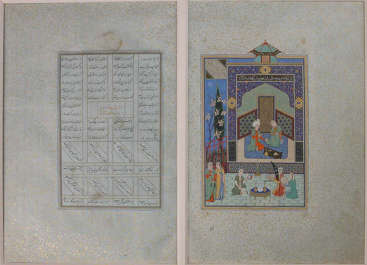 "Bahram Gur in the Green Palace on Monday", Folio 224 from a Khamsa (Quintet) of Nizami of Ganja, Nizami (present-day Azerbaijan, Ganja 1141–1209 Ganja), Ink, opaque watercolor, silver, and gold on paper
