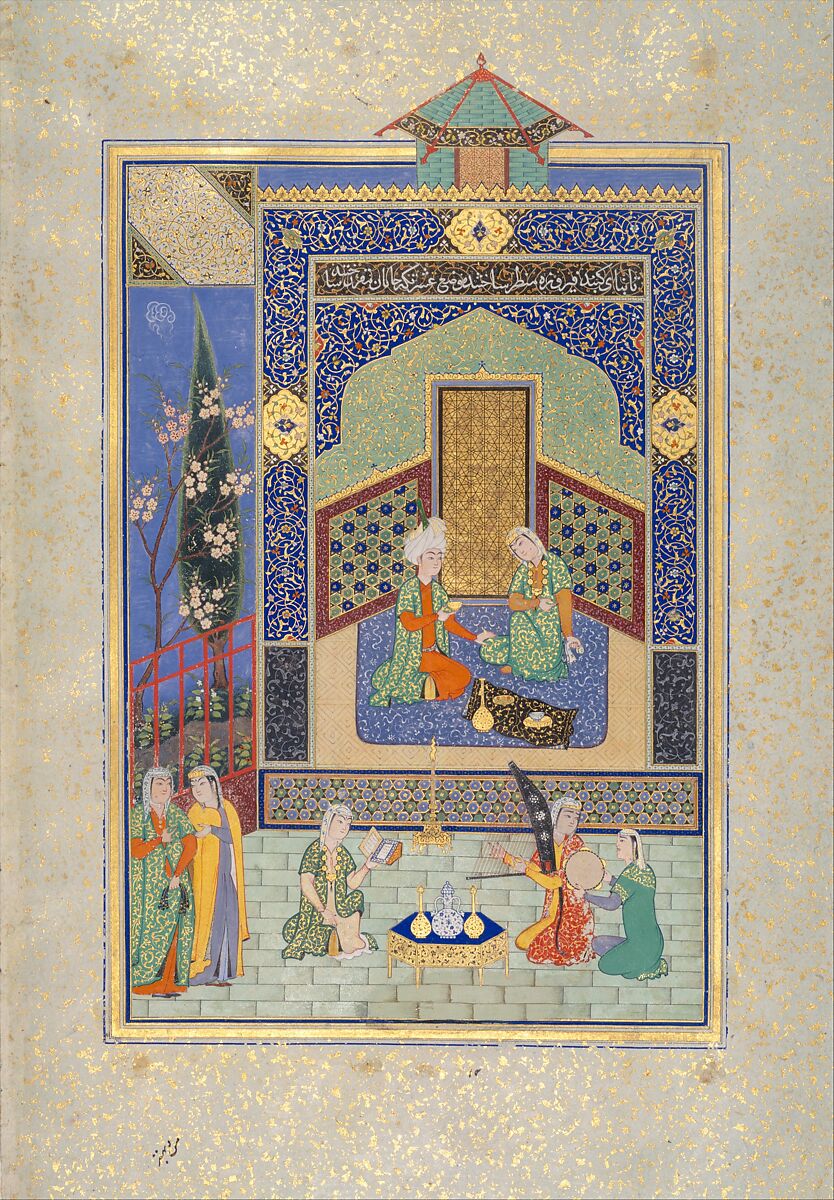 "Bahram Gur in the Green Palace on Monday", Folio 224 from a Khamsa (Quintet) of Nizami of Ganja, Nizami (present-day Azerbaijan, Ganja 1141–1209 Ganja), Ink, opaque watercolor, silver, and gold on paper