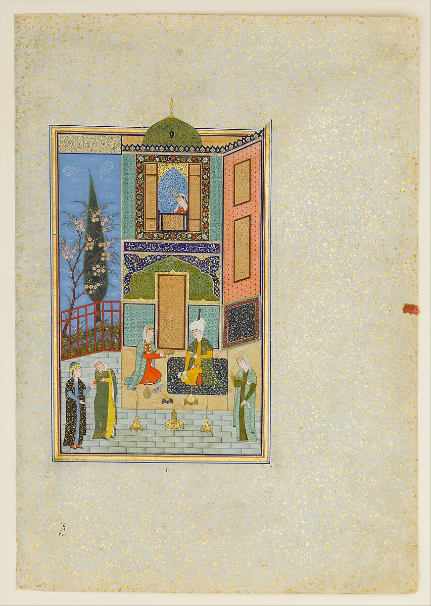 "Bahram Gur in the Green Palace on Monday", Folio 224 from a Khamsa (Quintet) of Nizami of Ganja, Nizami (present-day Azerbaijan, Ganja 1141–1209 Ganja), Ink, opaque watercolor, silver, and gold on paper 