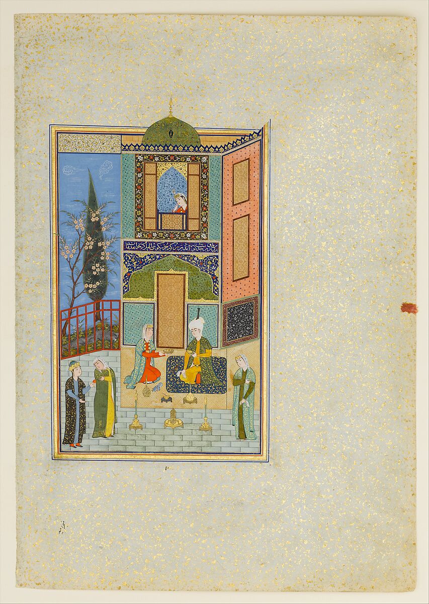 "Bahram Gur in the Green Palace on Monday", Folio 224 from a Khamsa (Quintet) of Nizami of Ganja, Nizami, Ink, opaque watercolor, silver, and gold on paper