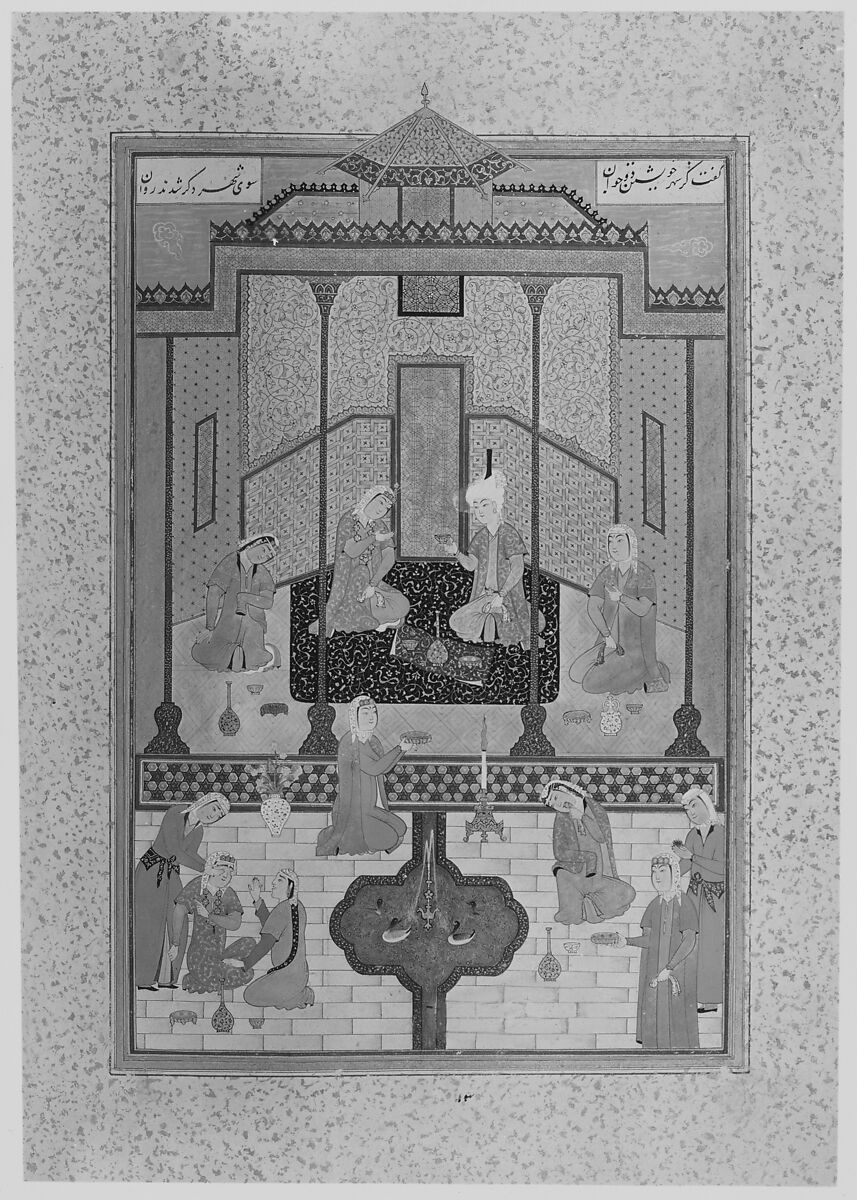 "Bahram Gur in the Sandal Palace on Thursday", Folio 230 from a Khamsa (Quintet) of Nizami of Ganja, Nizami (present-day Azerbaijan, Ganja 1141–1209 Ganja), Ink, opaque watercolor, silver, and gold on paper