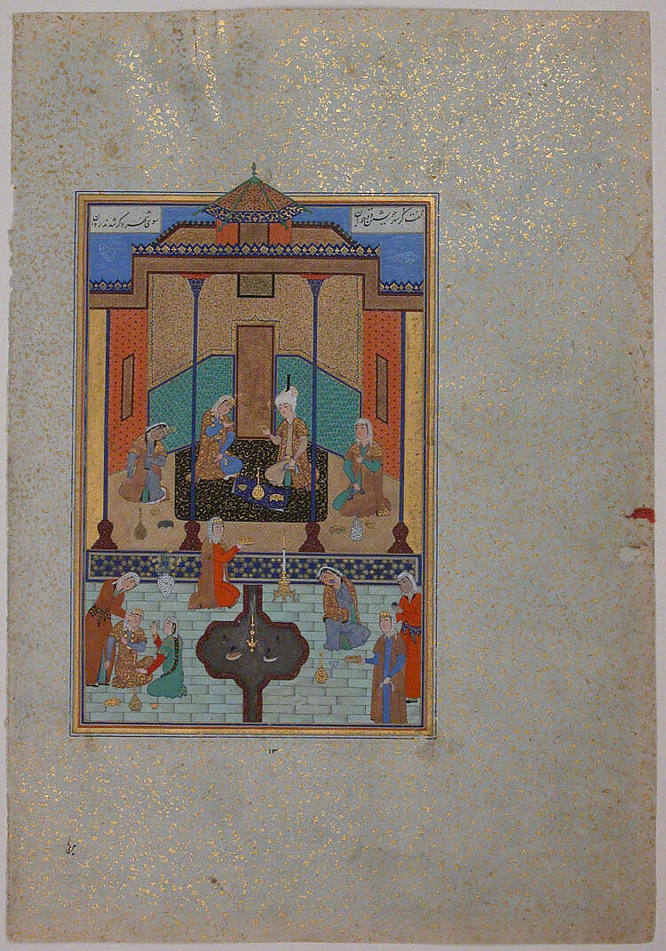 "Bahram Gur in the Sandal Palace on Thursday", Folio 230 from a Khamsa (Quintet) of Nizami of Ganja, Nizami (present-day Azerbaijan, Ganja 1141–1209 Ganja), Ink, opaque watercolor, silver, and gold on paper