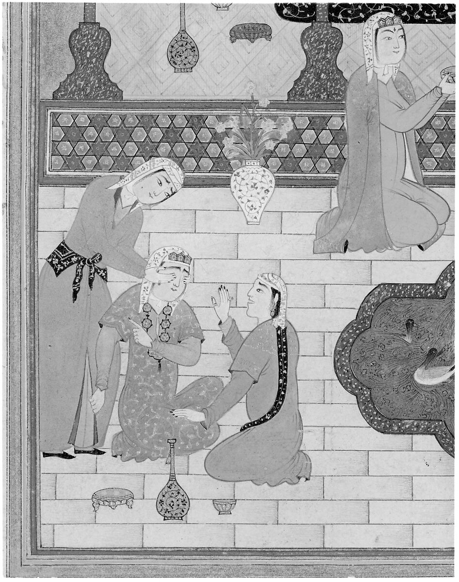 "Bahram Gur in the Sandal Palace on Thursday", Folio 230 from a Khamsa (Quintet) of Nizami of Ganja, Nizami (present-day Azerbaijan, Ganja 1141–1209 Ganja), Ink, opaque watercolor, silver, and gold on paper